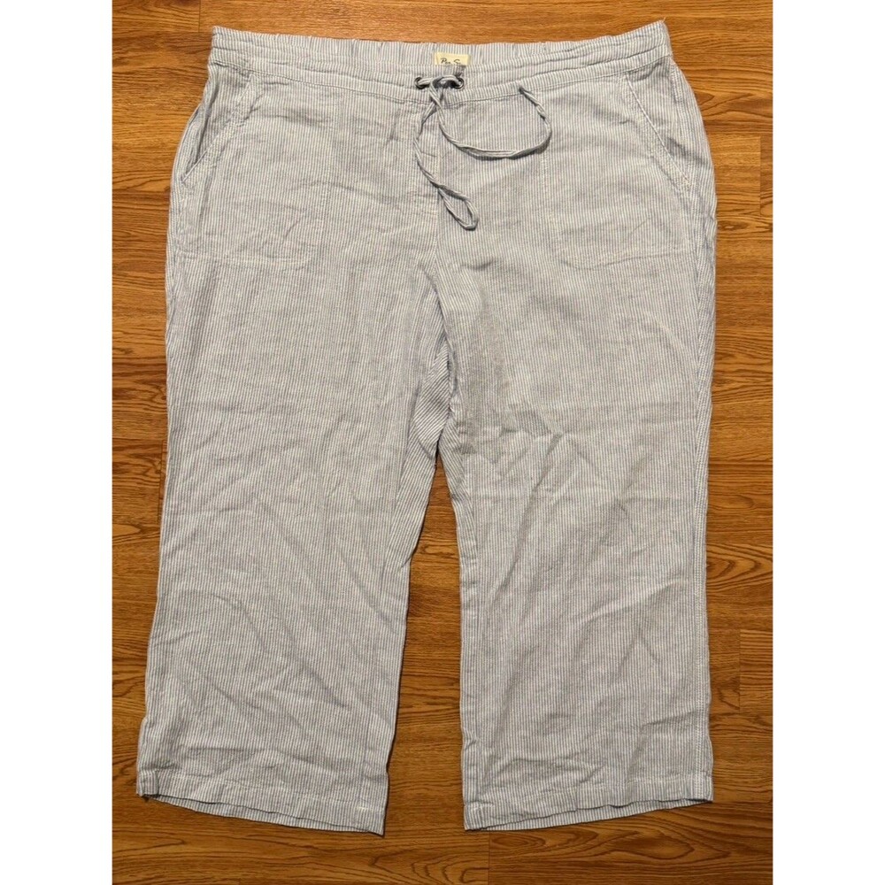 Per Se Women's Thin-Striped Blue & White Pants Linen Viscose Plus Size 3X Ankle